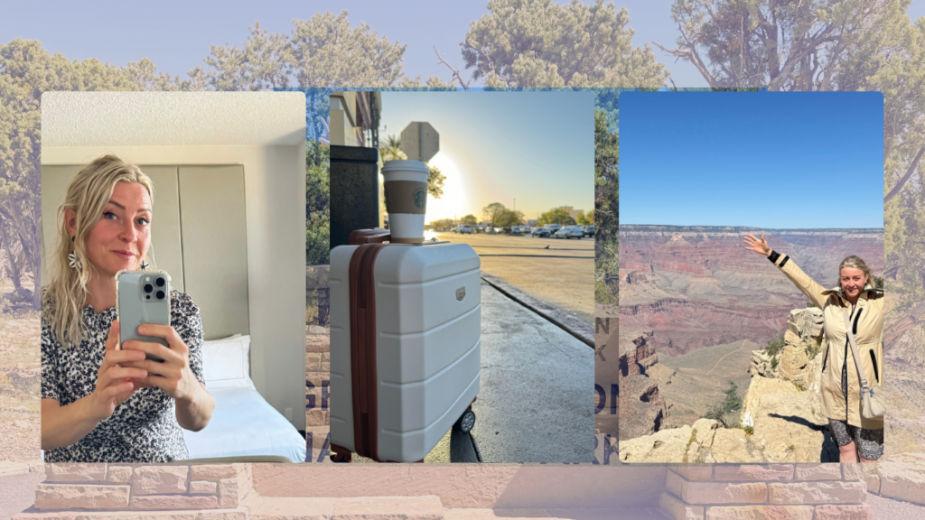 Collage of hairdresser’s travel journey: a selfie, suitcase, and scenic landscape showcasing a trip between cities during a California hairdressing training.