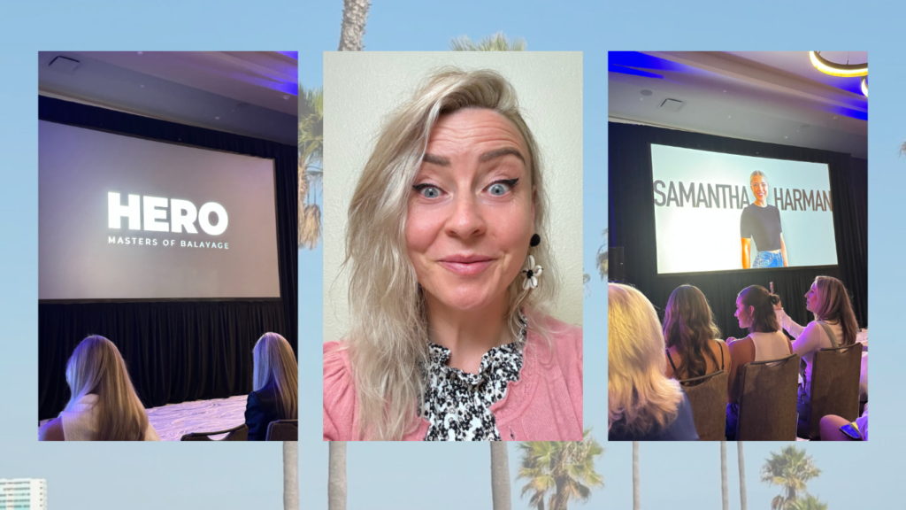 Collage from a hairdressing training in San Diego, California, showing perfectly styled hair of the participants, alongside a selfie of the hairdresser with messy hair.